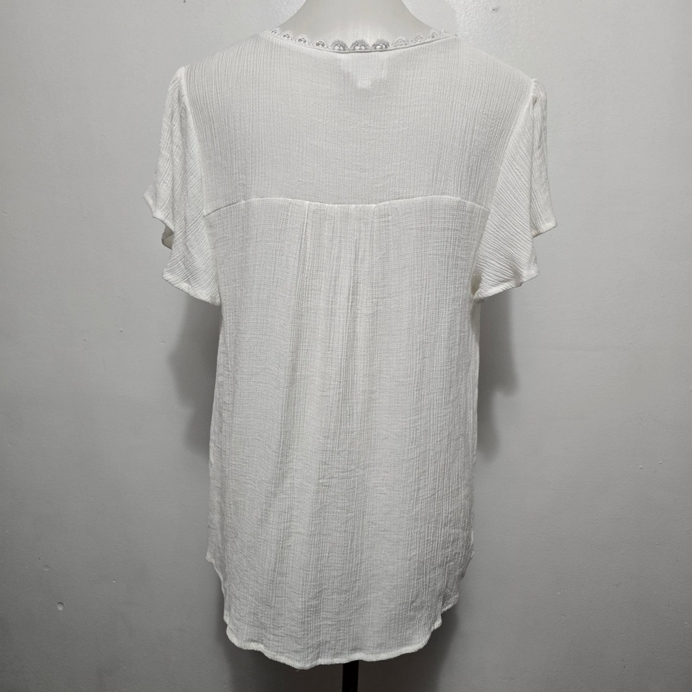 Perch by Blu Pepper White Lace Inset Gauze Short Sleeve Blouse 1X Boho Neutral - Picture 5 of 8